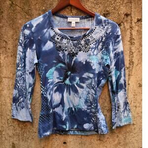 St. John Sport Blue Floral Print Embellished Top Size P